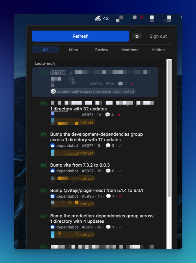 Screenshot of eir showing grouped PRs and Issues in the menubar popup